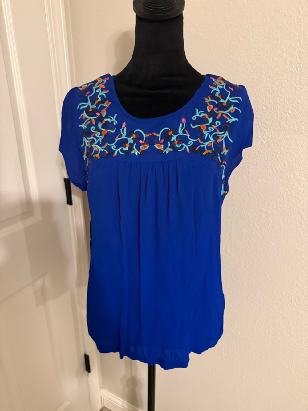Moulinette Soeurs Cobalt Blue Embroidered Scoop Neck Top